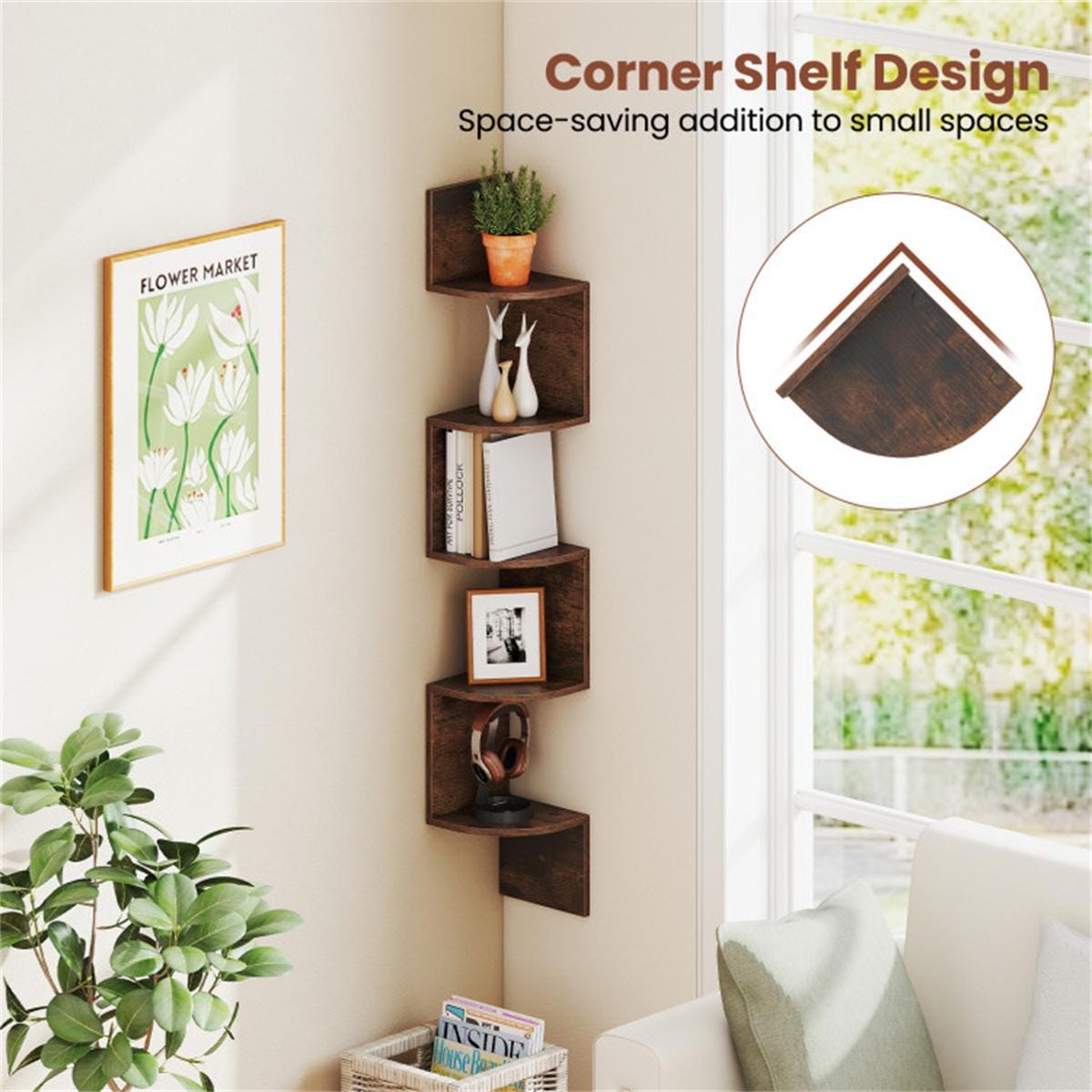 5-Tier Wall Mounted Corner Shelf Rustic Brown | Floating Bookshelf Organizer for Living Room, Bedroom, Kitchen, Office Storage