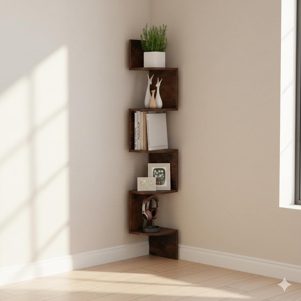 5-Tier Wall Mounted Corner Shelf Rustic Brown | Floating Bookshelf Organizer for Living Room, Bedroom, Kitchen, Office Storage